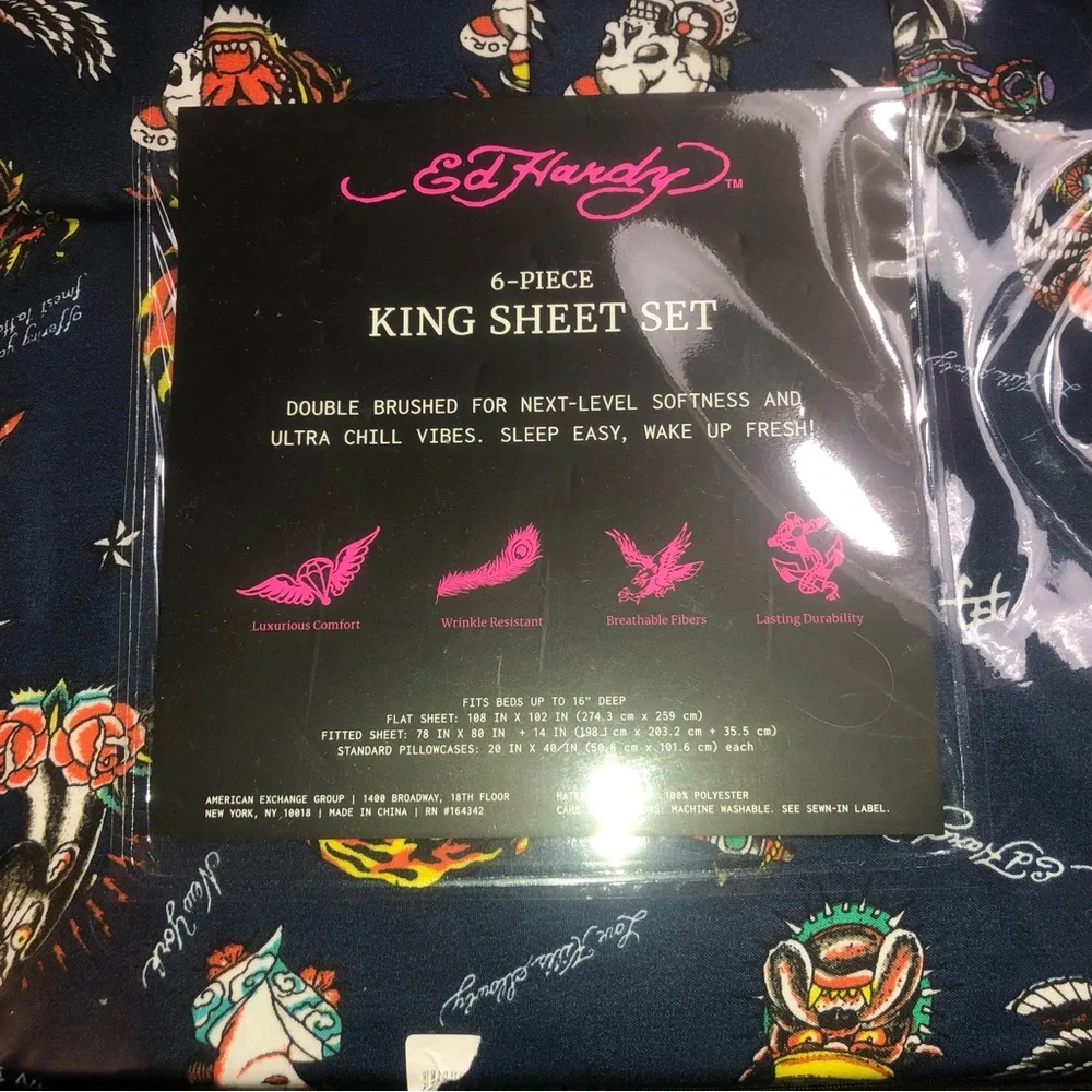 💙 Ed Hardy Navy Sheet Set with Multicolor Tattoo Motifs - Picture 2 of 2